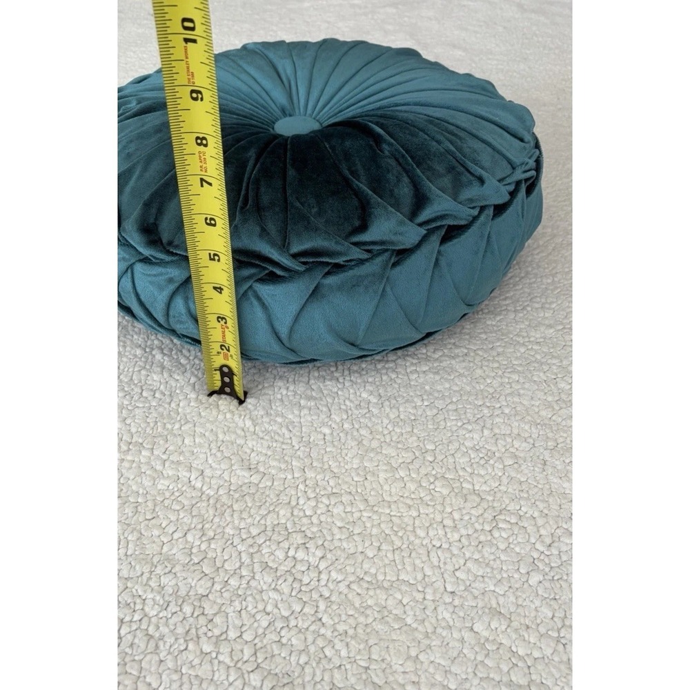 Round Velvet Throw Pillow Pumpkin Teal Blue Green Tufted Pleated Cushion Decor - Picture 11 of 16